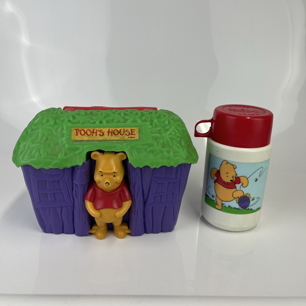 Vintage '90s Winnie the Pooh "Pooh's House" Plastic Lunchbox Disney With Thermos